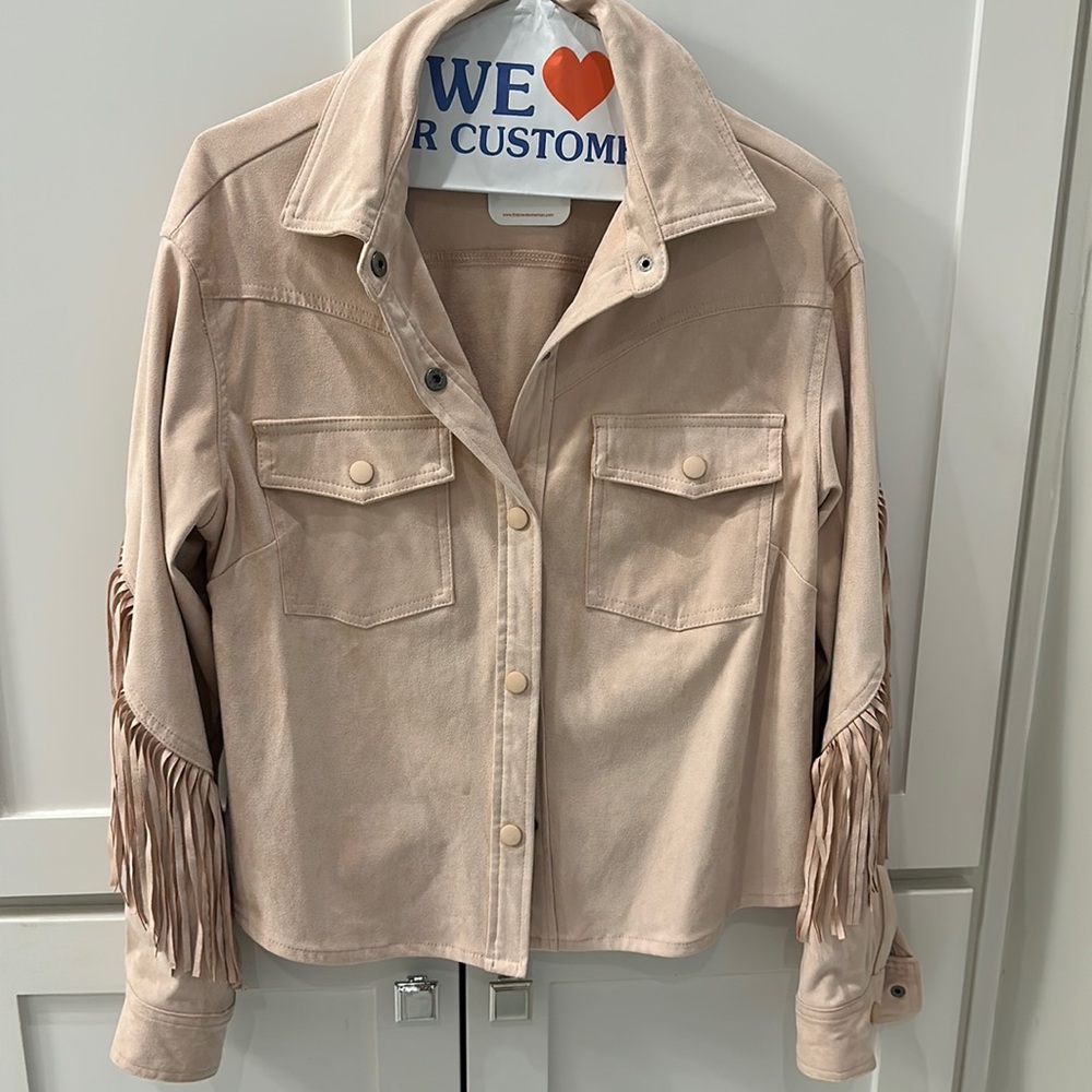 Blush pink microsuede jacket fringe shirt